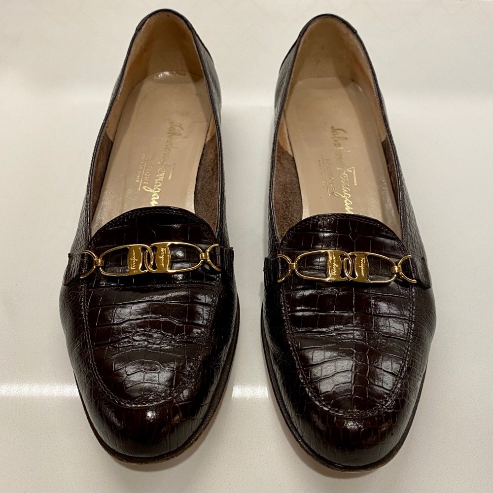Ferragamo Castoro Brown Crocodile Print Slip-Ons
